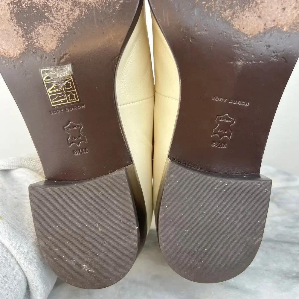 Tory Burch Eleanor Logo Block Heeled Shoes Ivory Leather Slip In Loafer (Sz 8.5)